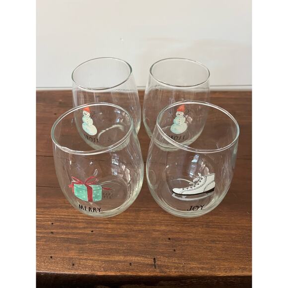 Rae Dunn Set of 4 Christmas Holiday  Stemless Wine Glasses Frosy Joy Merry - Picture 6 of 10